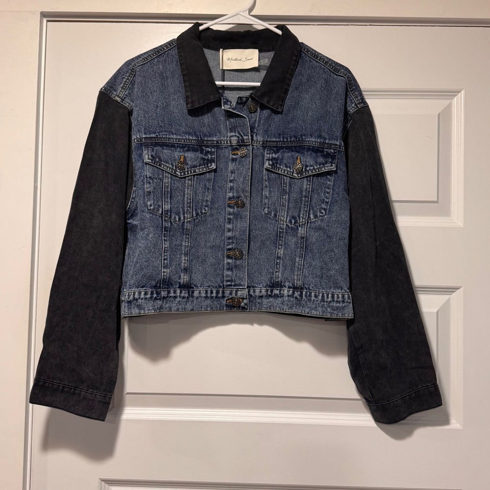 Mustard Seed Two Tone Denim Jacket Medium Blue Black Contrast Sleeve NWT - Picture 2 of 10